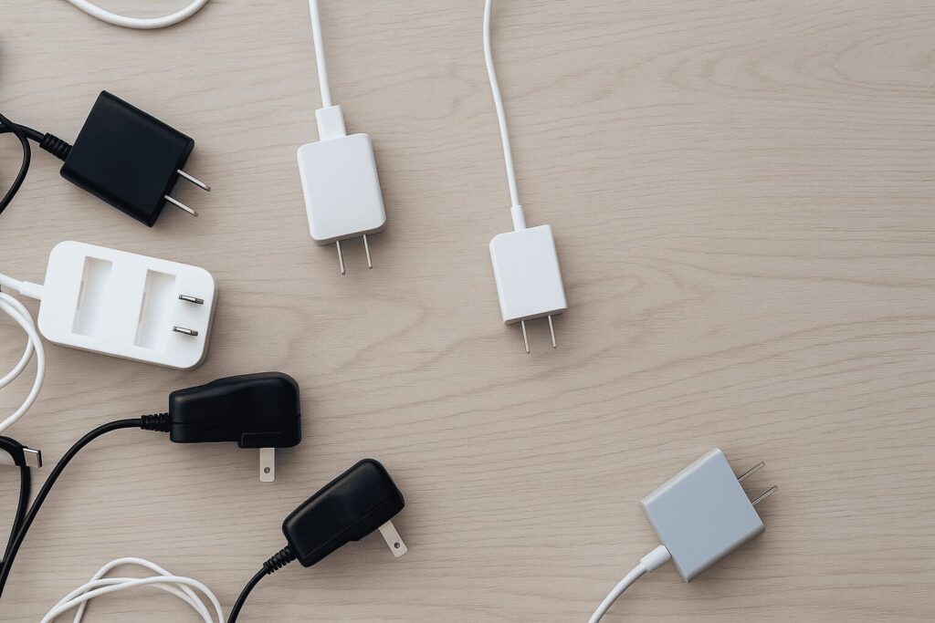さまざまなコンセントプラグが机に並べられたイメージ画像