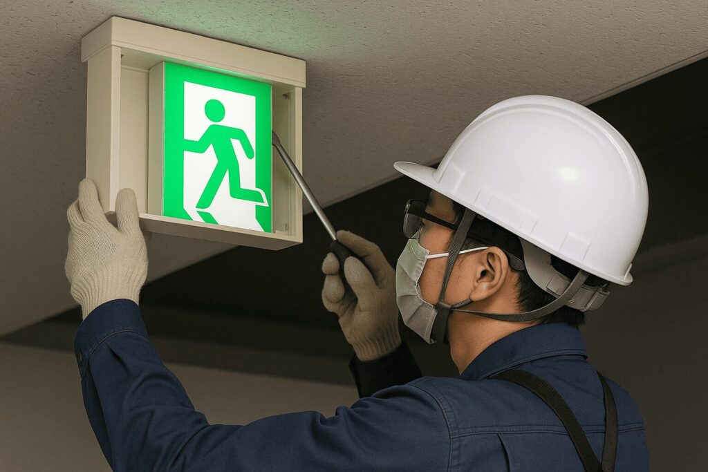 非常灯を点検・修理している電気工事士