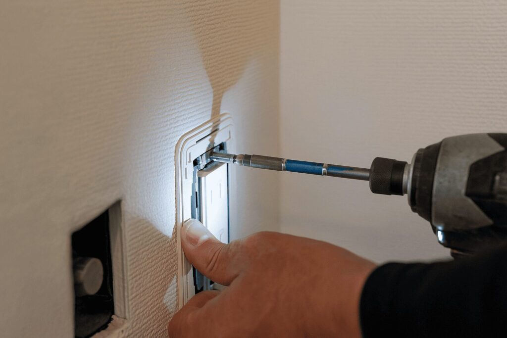 コンセントを設置している電気工事士の手元画像
