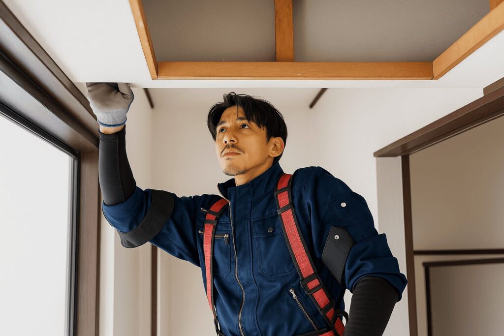 キッチン上の電気工事作業をしている電気工事業者をイメージした画像