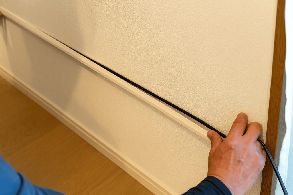 アンテナの配線を設置している電気工事士