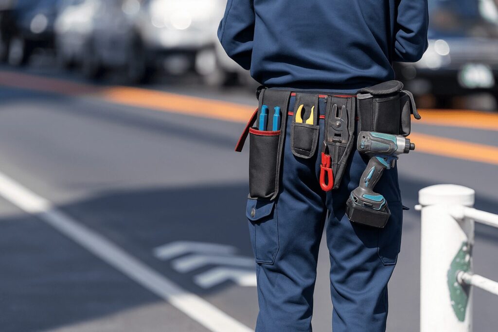 腰に電気工具を身に付けた電気工事士