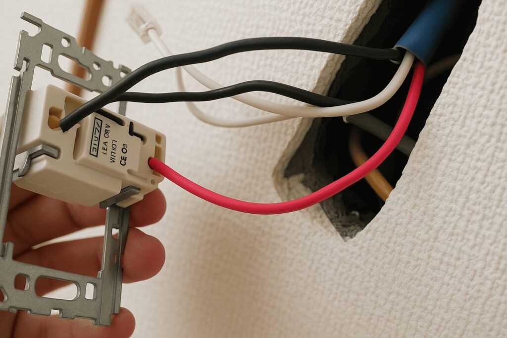 コンセントの配線を見ている電気工事士