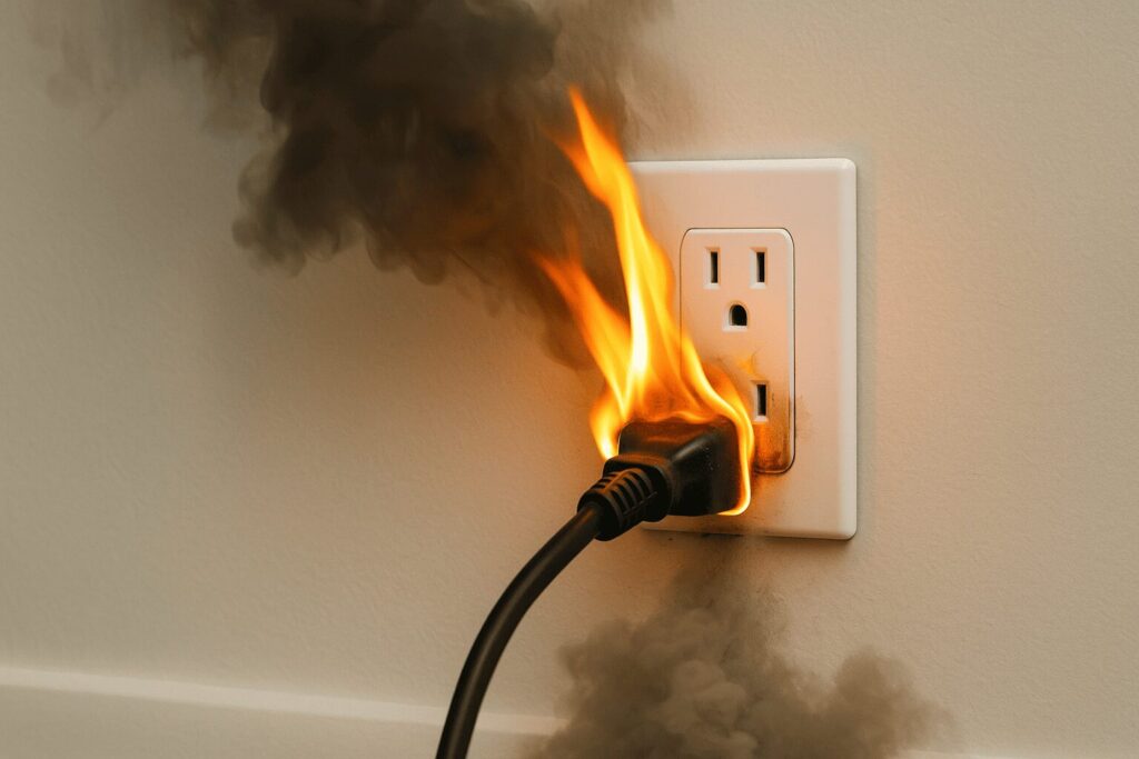 漏電によって室内のコンセントから発火しているイメージ画像