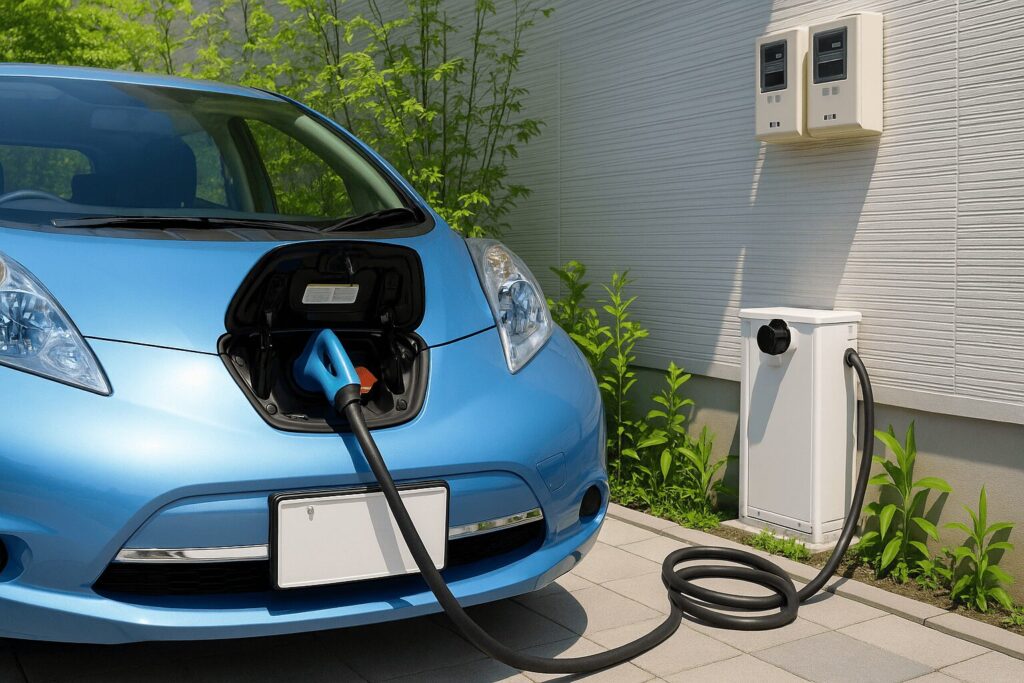 屋外で充電されている電気自動車をイメージした画像